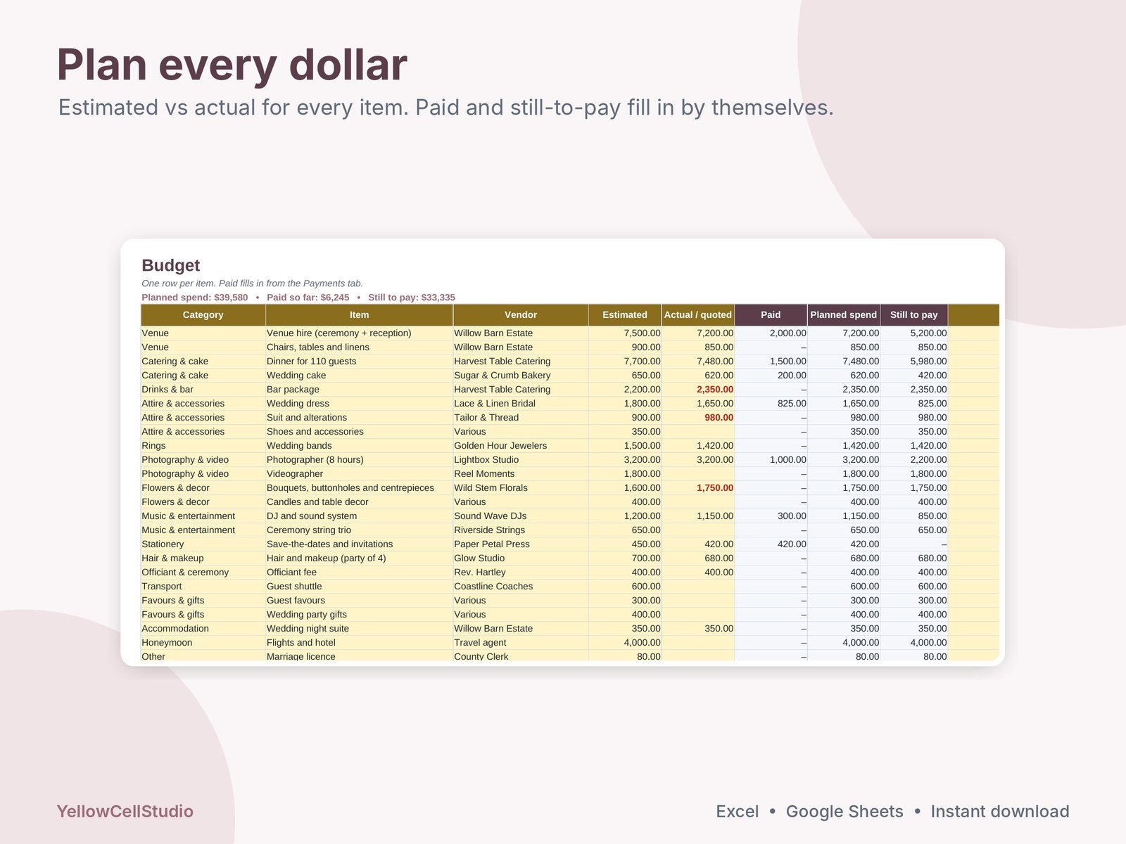 Wedding Budget Spreadsheet & Planner preview 4